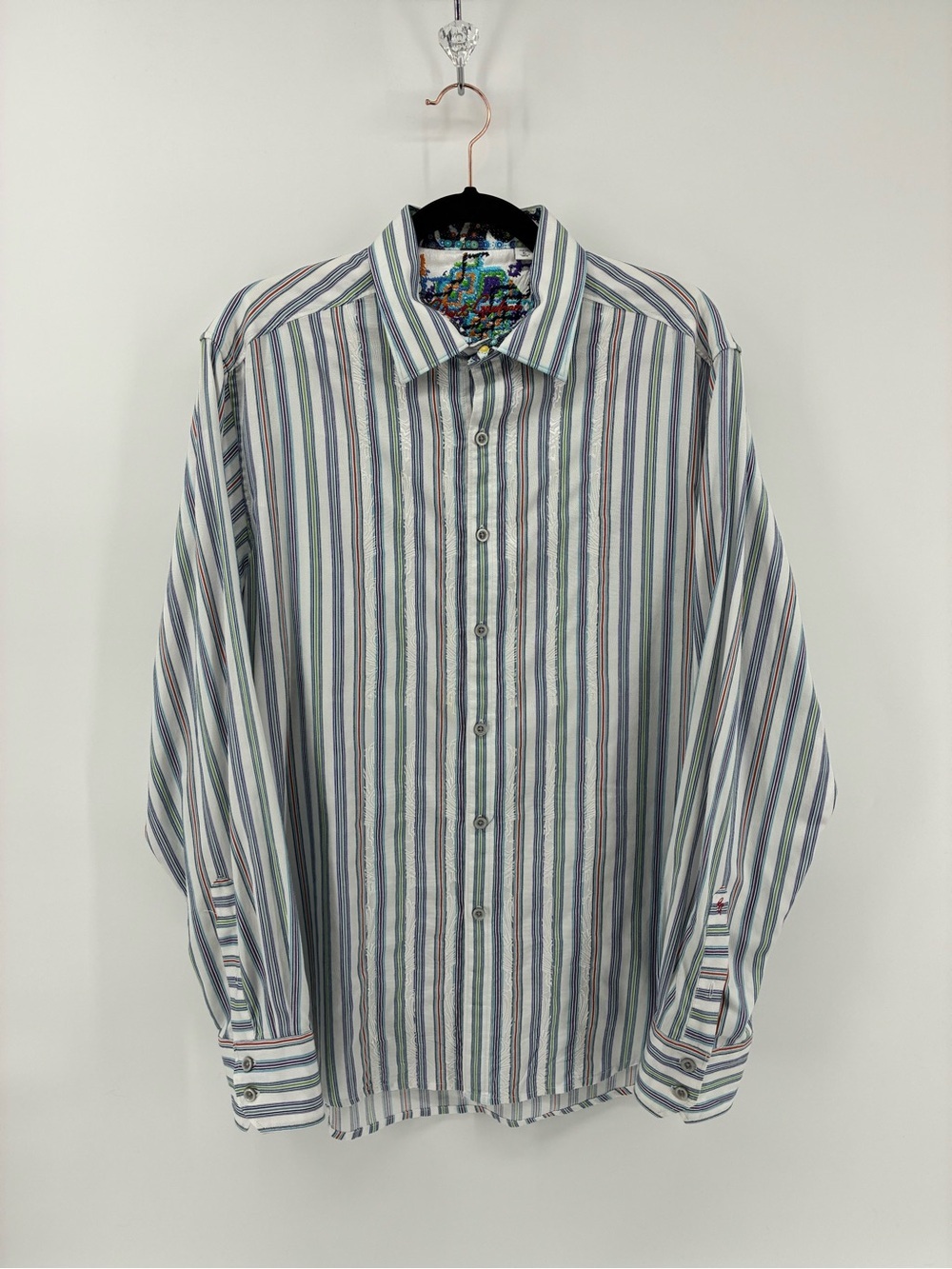 Robert Graham Colourful and White Striped Shirt Embroidery Details